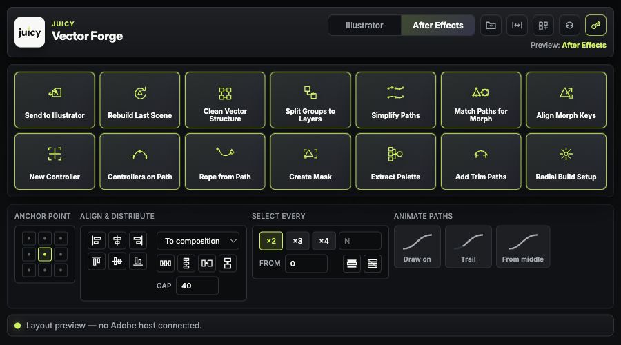 Vector Forge After Effects panel with morph, controller, palette and Trim Paths tools